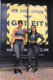 Hard Fitness Twin Sets. Long sleeve crop, bra top and leggings in grey/black.
