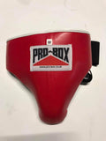 Red PU Abdominal/groin guard with adjustable straps. Protection for use in boxing or martial arts