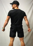back of mens hard fitness shorts and tee